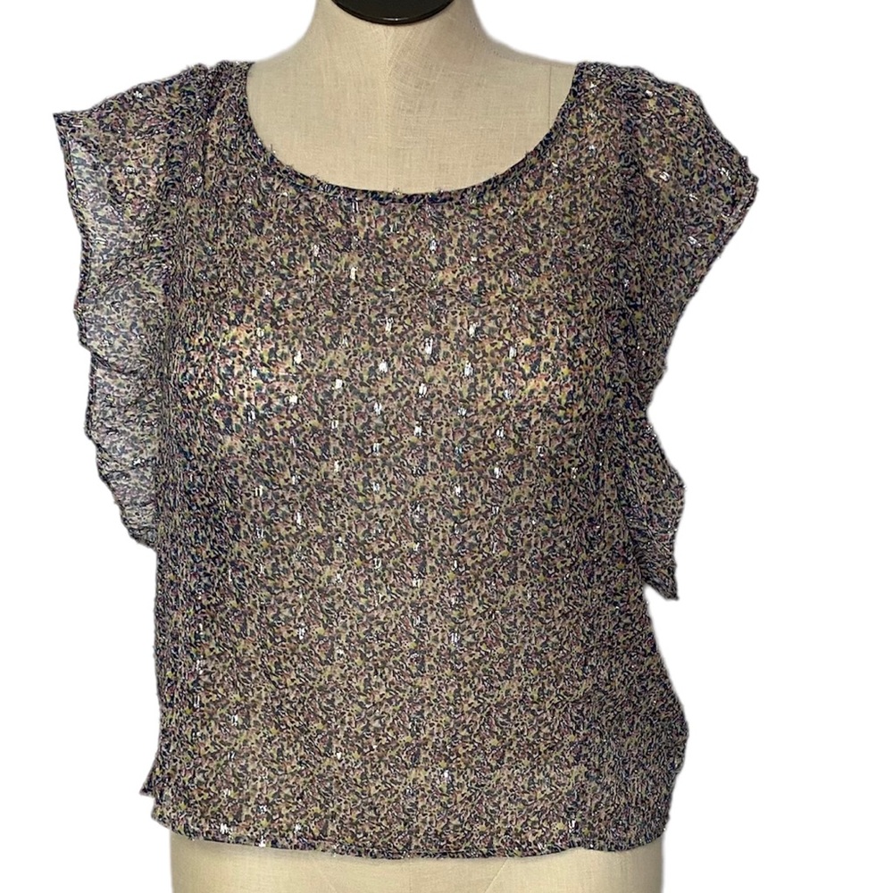 American Eagle ruffle sleeve silver stitching sheer top extra-large